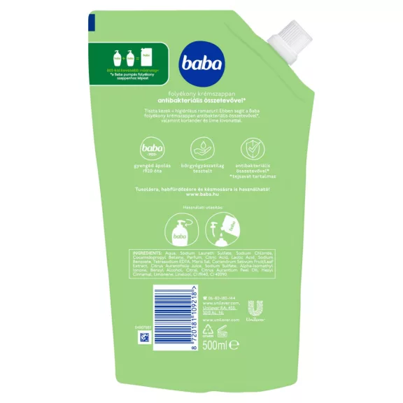 Baba Lime és Koriander Antibakteriális folyékony krémszappan utántöltő 500 ml Baba Lime és Koriander Antibakteriális folyékony krémszappan utántöltő 500 ml