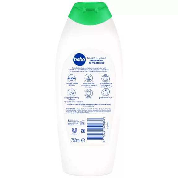 Baba zöldcitrom és menta illat frissítő tusfürdő 750 ml Baba zöldcitrom és menta illat frissítő tusfürdő 750 ml