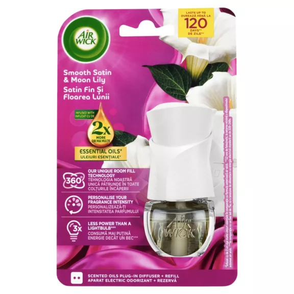 Air Wick elektromos légfrissítő készülék - Bársonyos Szatén és Éji Liliom 19 ml Air Wick elektromos légfrissítő készülék - Bársonyos Szatén és Éji Liliom 19 ml