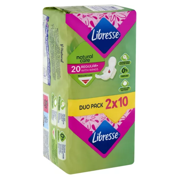 Libresse Regular+ Natural Care szárnyas egészségügyi betét 2 x 10 db Libresse Regular+ Natural Care szárnyas egészségügyi betét 2 x 10 db