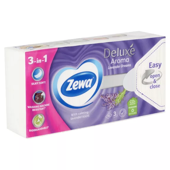 Zewa Deluxe Lavender Dreams illatosított papír zsebkendő 3 rétegű 90 db Zewa Deluxe Lavender Dreams illatosított papír zsebkendő 3 rétegű 90 db