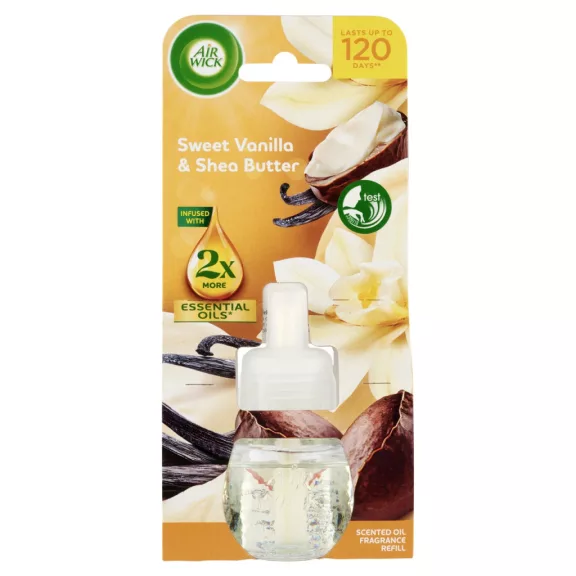 Air Wick Édes Vanília és Shea Vaj elektromos utántöltő légfrissítő készülékhez 19 ml Air Wick Édes Vanília és Shea Vaj elektromos utántöltő légfrissítő készülékhez 19 ml