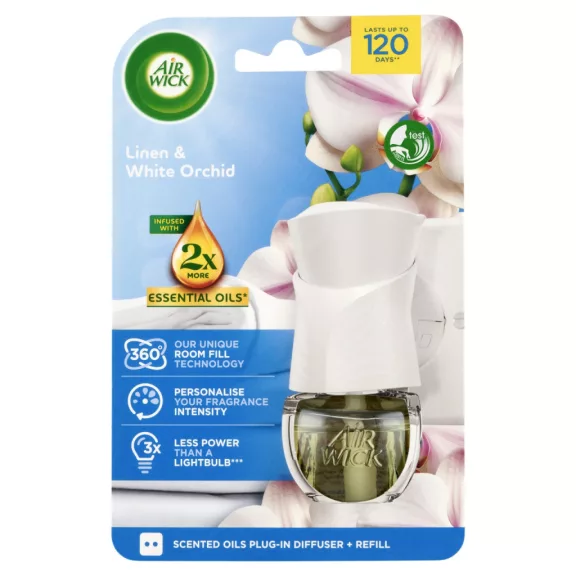 Air Wick Pamut és Fehér Orchidea elektromos légfrissítő készülék és utántöltő 19 ml Air Wick Pamut és Fehér Orchidea elektromos légfrissítő készülék és utántöltő 19 ml