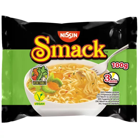Nissin Smack instant tésztaleves Zöldségleves ízesítéssel 100g Nissin Smack instant tésztaleves Zöldségleves ízesítéssel 100g
