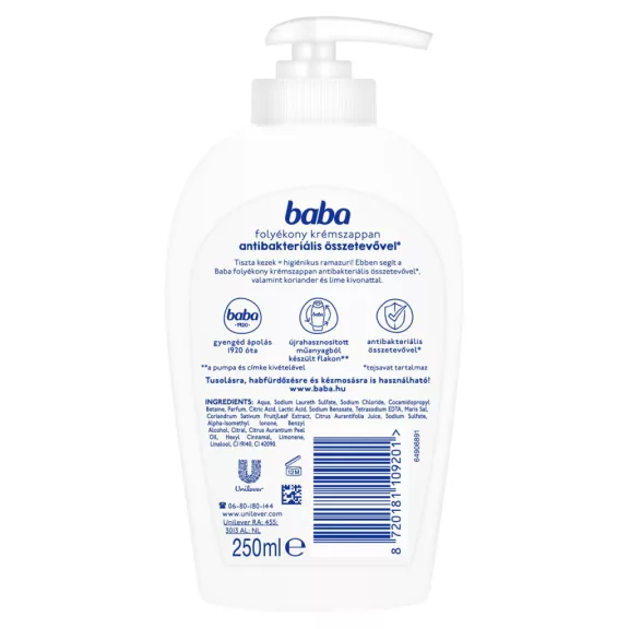 Baba Lime és Koriander folyékony krémszappan antibakteriális összetevővel 250 ml Baba Lime és Koriander folyékony krémszappan antibakteriális összetevővel 250 ml